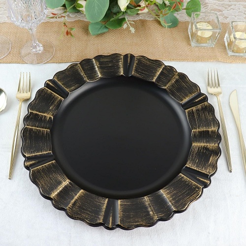 Plastic wedding dinnerware bulk Set of 6-13″ Round – Black Plastic Charger Plates With Waved Scalloped Rim for Wedding