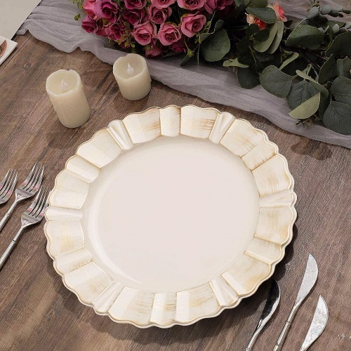 Bulk plastic dinner plates for wedding 6 Pack | 13″ Beige Acrylic Plastic Dinner Plate Chargers With Gold Brushed Wavy Scalloped Rim