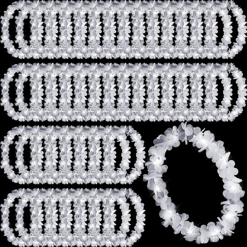 Light up leis for wedding 48 Pcs LED Hawaiian Leis Light Up Flower Leis Necklace Rainbow Flower with LED Lights Luau Leis Flowers Necklaces for Masquerade Beach Wedding Tropical Themed Carnival Party Supplies (White)