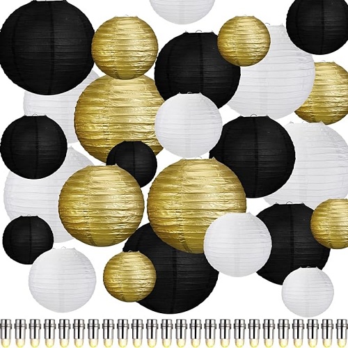 Paper lantern wedding decor 48 Pcs Paper Lanterns and LED Lantern Lights Set 24 Hanging Round Lantern 24 Decorative Battery Powered Lights Paper Lanterns Party Decorations for Indoor Outdoor, 4 Sizes (Black Gold White Series)