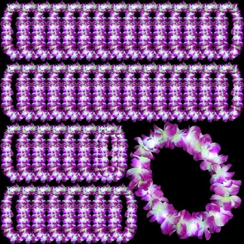 Wedding leis hawaii 48 Pcs LED Hawaiian Leis Light Up Flower Leis Necklace Rainbow Flower with LED Lights Luau Leis Flowers Necklaces for Masquerade Beach Wedding Tropical Themed Carnival Party Supplies (Purple)