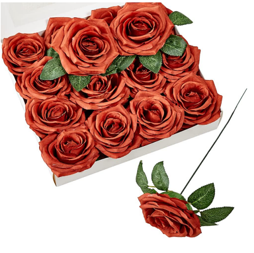 Burnt orange wedding ideas An affordable package of 16 artificial roses with stems and leaves for a wide variety of stunning table decorations