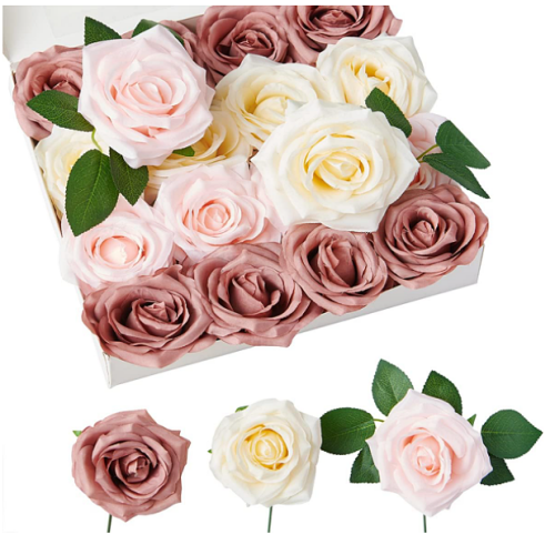 Wedding bouquet dusty rose Artificial Flowers Silk Rose Dusty Rose Ivory Blush Fake Roses 16 Pcs Real Looking Fake Flowers with Stems for DIY Wedding Bouquets Party Tables Centerpieces Floral
