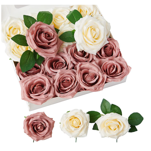 Easy diy wedding flowers Artificial Flowers Silk Rose Dusty Rose Ivory Fake Roses 16 Pcs Real Looking Fake Flowers with Stems for DIY Wedding Bouquets Party Tables Centerpieces Floral Arrangements Decoration