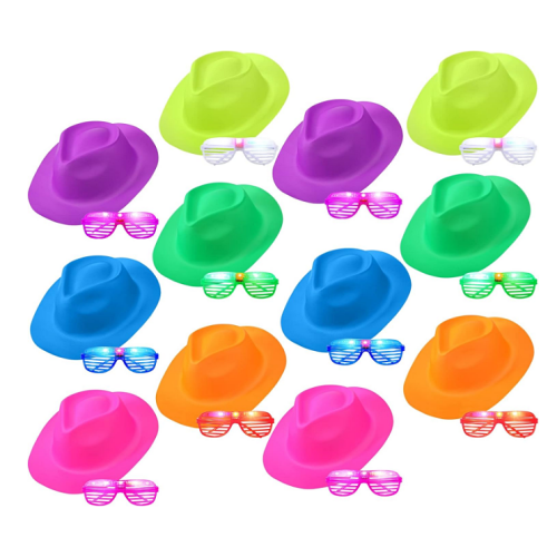 Neon wedding party hats A set of 12 stunning neon gangster hats and 12 glowing glasses – Suitable for adults and children