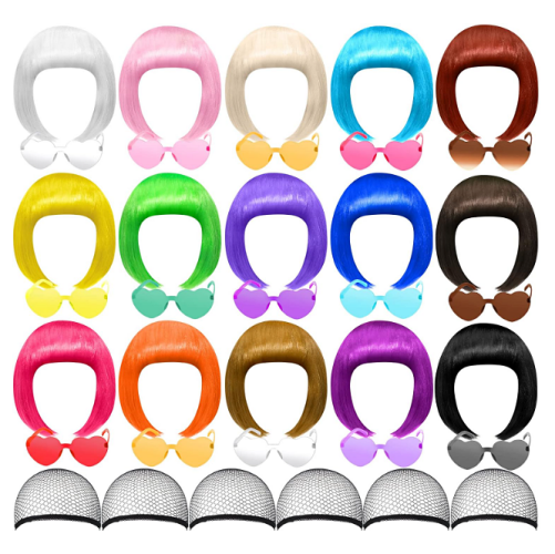 Unique wedding dance floor props Set of 16 Party Wigs and Sunglasses Colorful Party Wigs Neon Short Hair Bob Wigs Funky Party Hair Wigs with Heart Shaped Sunglasses