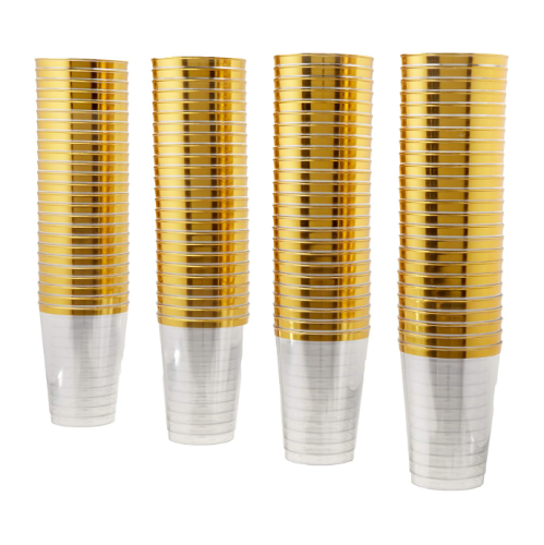 Disposable wedding drinkware pack of 100 cups designed in an elegant and luxurious golden style