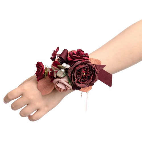 Artificial wrist corsage for wedding Burgundy & Dusty Rose Wrist Corsages for Wedding(Set of 6),Corsages for Prom, Mother of Bride and Groom, Prom Flowers