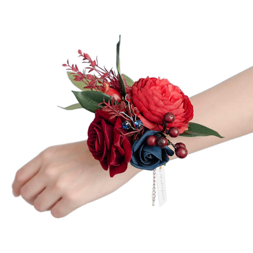 Wedding flower corsage bracelet Classic Burgundy & Navy Wrist Corsages for Wedding(Set of 6), Corsages for Prom, Mother of Bride and Groom, Prom Flowers