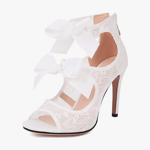Wedding heel sandals for bride Women’s Bow Heels Lace Peep...