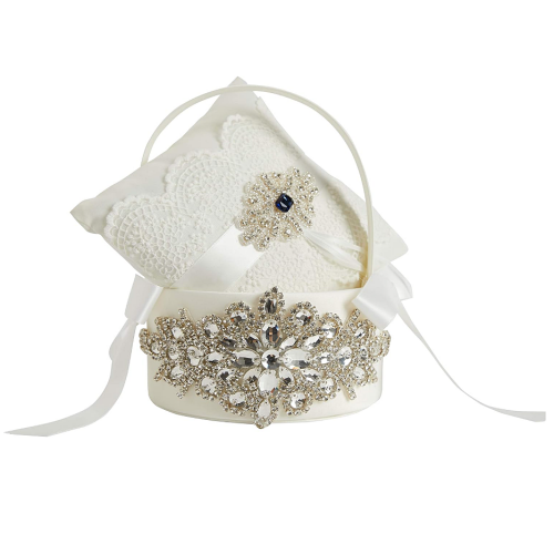 White flower girl basket for wedding Beautiful Hand Beading of Wedding Flower Basket and Ring Pillow with Elegant Appearance and Ivory Color,Clusters of Stars Style (1 Basket and 1 Pillow)