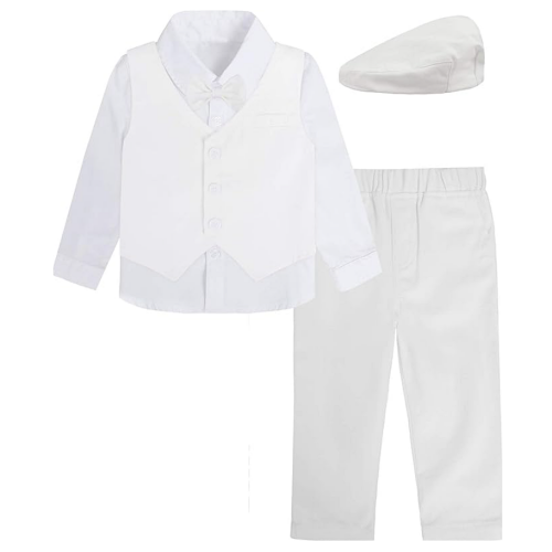 Baby boy white wedding outfit Gentleman Suit Set, 4pcs Outfits Shirts & Vest & Pants & Berets Hat