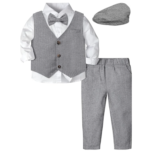 Baby boy wedding attire Gentleman Suit Set, 4pcs Outfits Shirts & Vest & Pants & Berets Hat