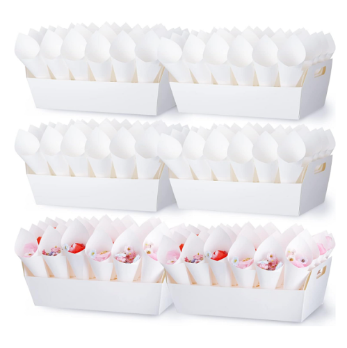 Wedding confetti holder 6 Set Wedding Confetti Cone Holder Box Each Includes 30 Pieces of Cone Papers and 30 Holes for 30 Confetti Cones Box Party Confetti Cone Kraft Stand Tray Box for Wedding Party Candy Flower(White)