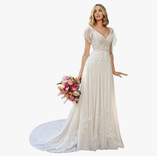 Simple wedding dresses Miao Duo Women’s Beach Wedding Dresses for Bride 2023 Long Lace Wedding Bridal Gowns