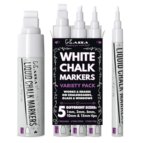 Diy wedding chalkboard signs 5-Pack White Chalk Markers | Includes 1mm, 3mm, 6mm, 10mm & 15mm Tips | Works on Chalkboards, Windows & Glass | Erasable, Dust-Free & Washable