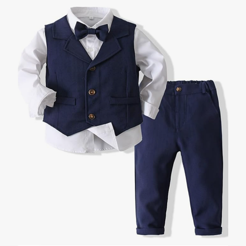 Navy blue baby boy wedding outfit Baby Boys Gentleman Bowtie Formal Outfit Suits Tuxedo Vest Wedding Party Suit