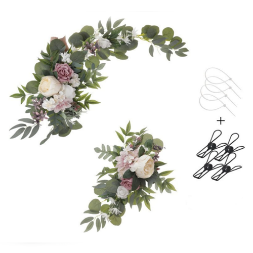 Artificial wedding arch flowers Artificial Flower Swag (Set of 2) for Wedding Welcome Sign Wedding Arch Flower Floral Swag Decor Ceremony Reception Party Table Home Decoration Ivory White and Mauve