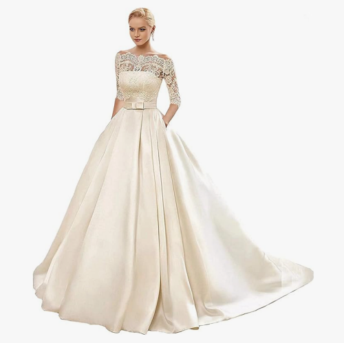Wedding gowns near me Women’s Lace Wedding Dresses for Bride 2023 Ball Gown Satin Wedding Gown 3/4 Long Sleeves Sweep Train Bridal