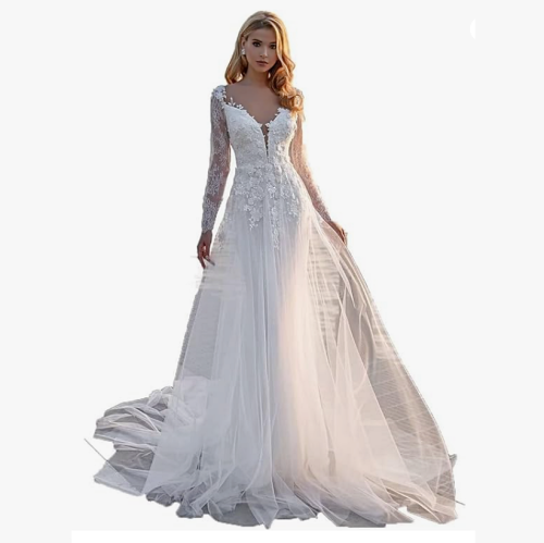 Beach wedding gown Women’s Lace Wedding Dresses for Bride 2023 Ball Gown Satin Wedding Gown 3/4 Long Sleeves Sweep Train Bridal Gown