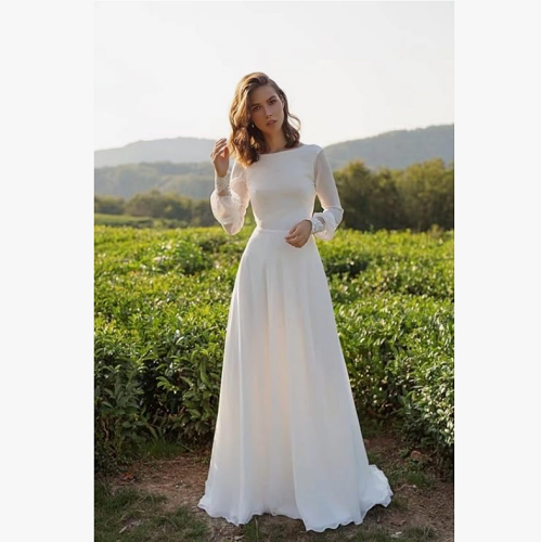 Boho wedding gown Women’s Lace Wedding Dresses for Bride 2023 Ball Gown Satin Wedding Gown 3/4 Long Sleeves Sweep Train Bridal Gown