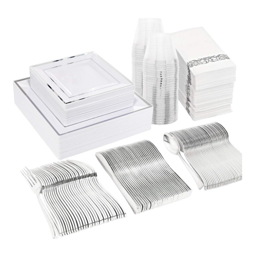 Disposable wedding plates and cutlery 50 Guest Silver Plastic Plates with Disposable Cutlery& Silver Plastic Cups-Square Plates-Silver Plastic Utensils Set and Napkins for Wedding& Parties