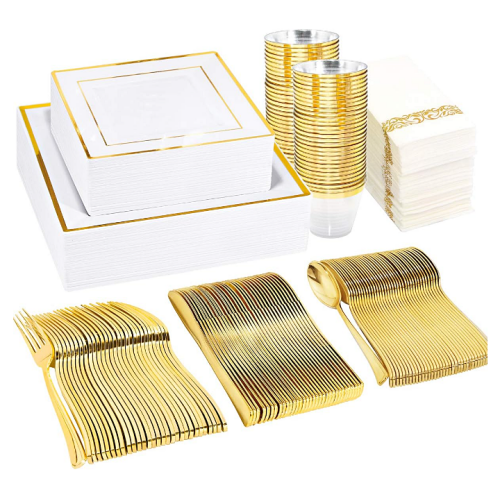 Disposable wedding cutlery 50 Guest Gold Plastic Plates with Disposable Cutlery& Gold Plastic Cups-Square Plastic Plates-Gold Plastic Utensils Set and Napkins for Wedding& Parties