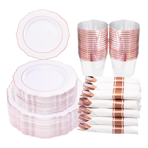 Disposable wedding silverware 350 Pieces Disposable Rose Gold Plastic Dinnerware Set – Baroque Rose Gold Plates Include 100 Rose Gold Plates Disposable,50 Pre Rolled Napkins with Gold Silverware and 50Cups