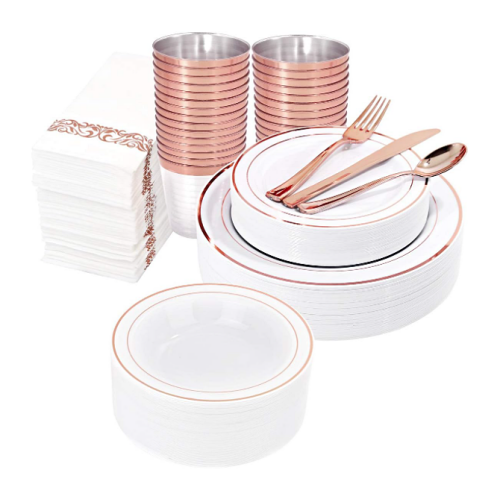 Disposable wedding dinnerware sets 50Guest Rose Gold Plastic Plates with...