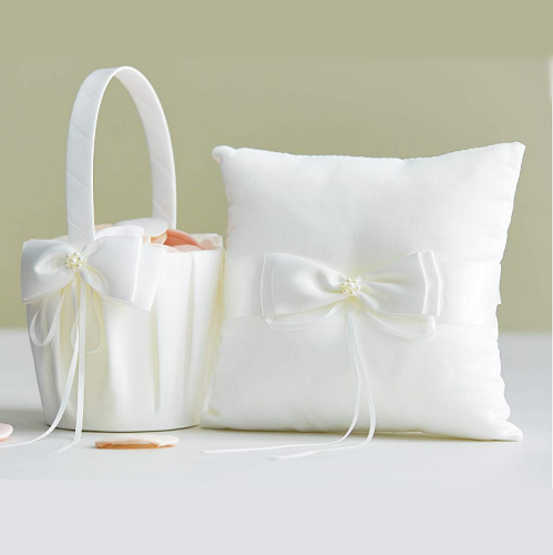 Flower girl basket and ring bearer pillow set Simple Bow Pearl Collection – Ivory