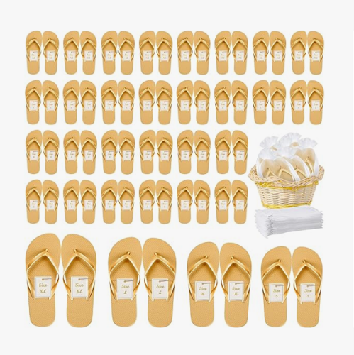 How many wedding flip flops for guests 48 Pairs Flip Flops Bulk for Wedding Guests Flip Flop Sandals Hotel Spa Slippers Wedding Party Favors Flip Flops with Size Cards Drawstring Bags for Wedding Receptions Beach Pool