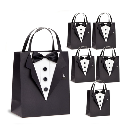 Groomsmen gifts australia 6 Pack Gift Bags with 3D Tuxedo Design, Satin Bow Tie, Real Buttons for Wedding Groomsmen Gifts for Bachelor Birthday, Bachelor Party Gift Favors Celebration (Black, 8 x 4.5 x 10 Inches)